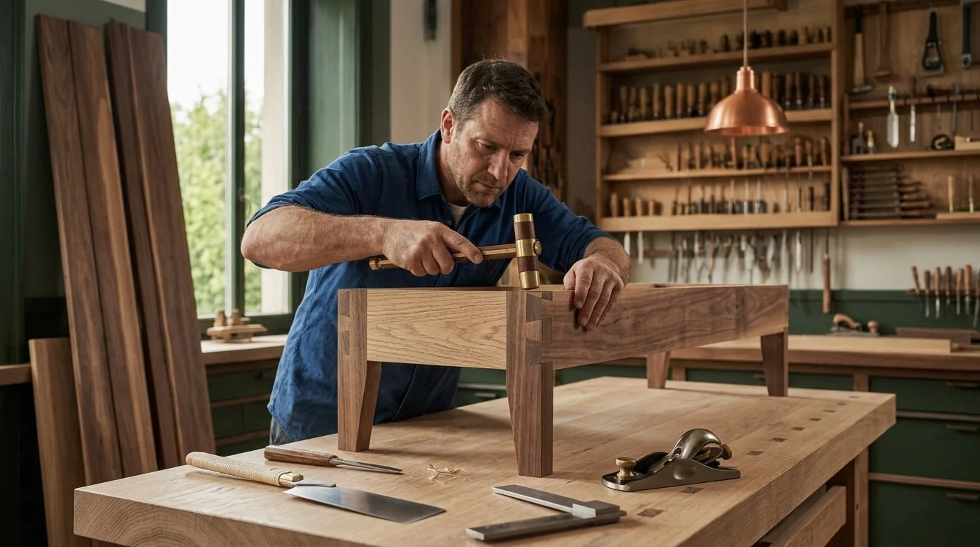 Artisan assemblant une structure en bois massif