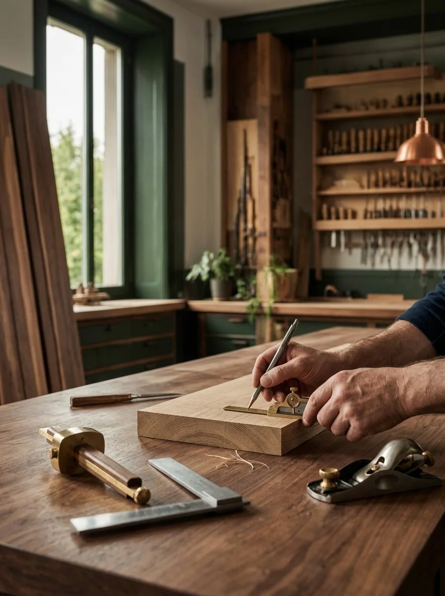 Artisan traçant une pièce de bois sur un établi