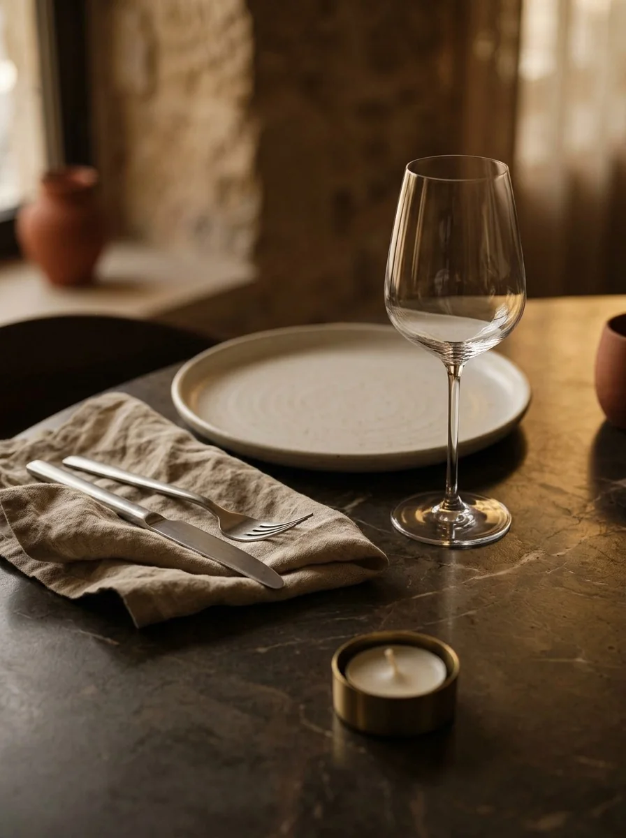 Détail de table avec verre, serviette et bougie