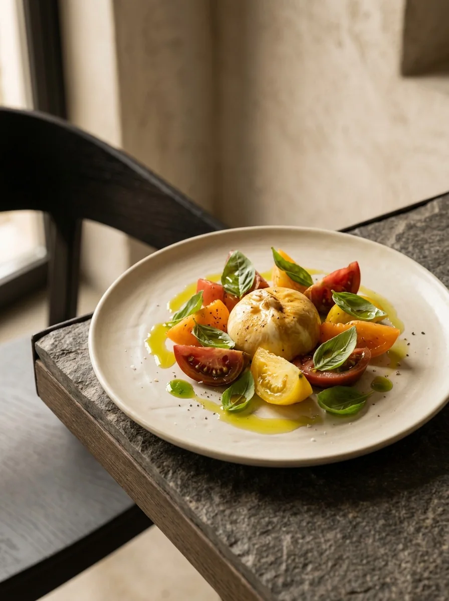 Entrée tomate et burrata fumée
