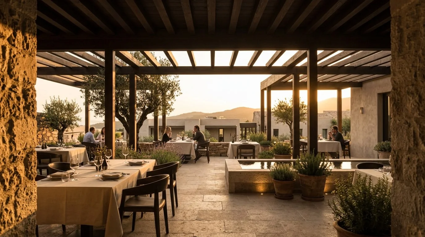 Terrasse de Maison Sora au coucher du soleil